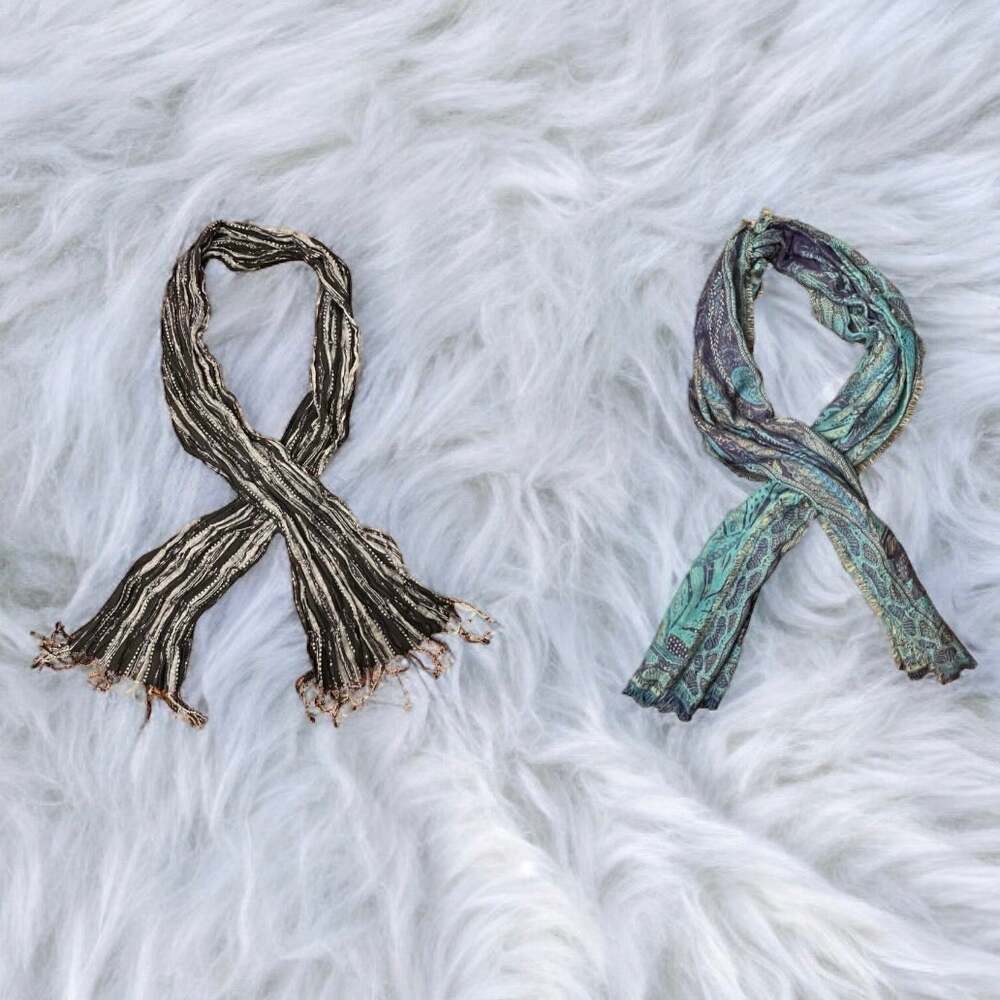 Lot of 2 Fashion Scarfs Black White Stripe Blue Paisley Brand New Never Worn